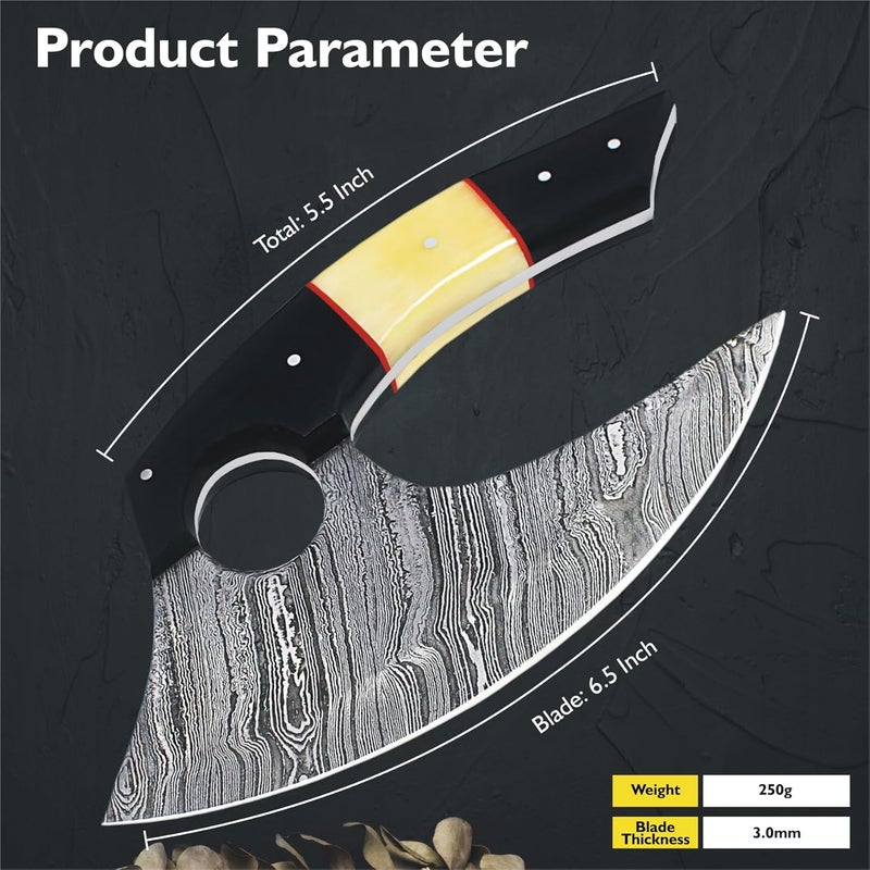 SHARDBLADE Alaskan Ulu Knife with Sheath, Handmade 6.5" Damascus Steel Pizza Cutter Rocker Knife with Natural Bone and Horn, Premium Food Salad Chopper Knife, Traditional Inuit Eskimo Knife - Image 4